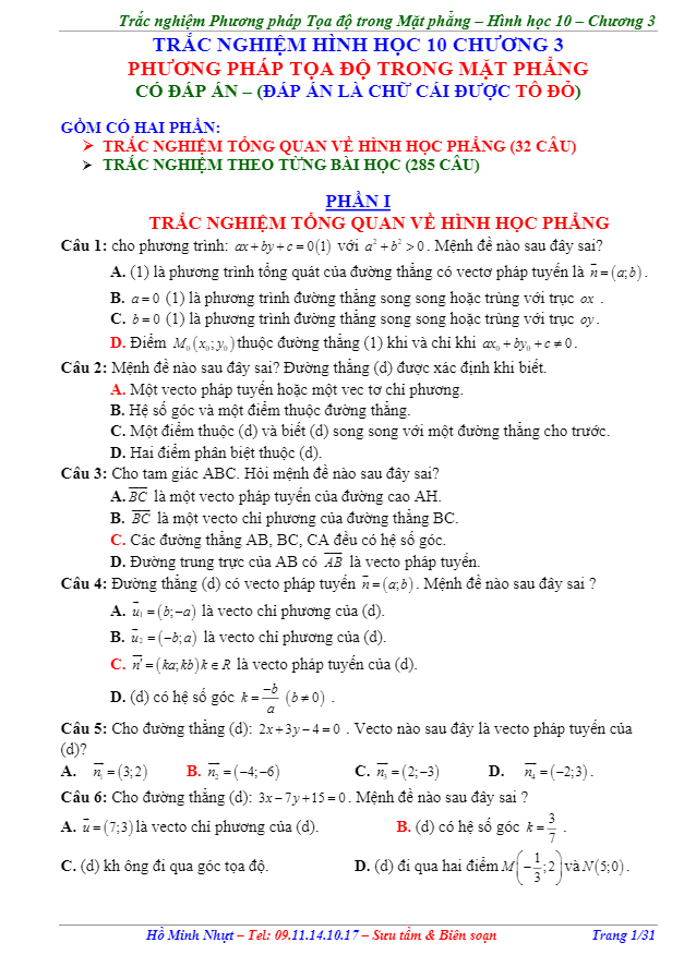 Bài tập trắc nghiệm phương pháp tọa độ trong mặt phẳng - Hồ Minh Nhựt